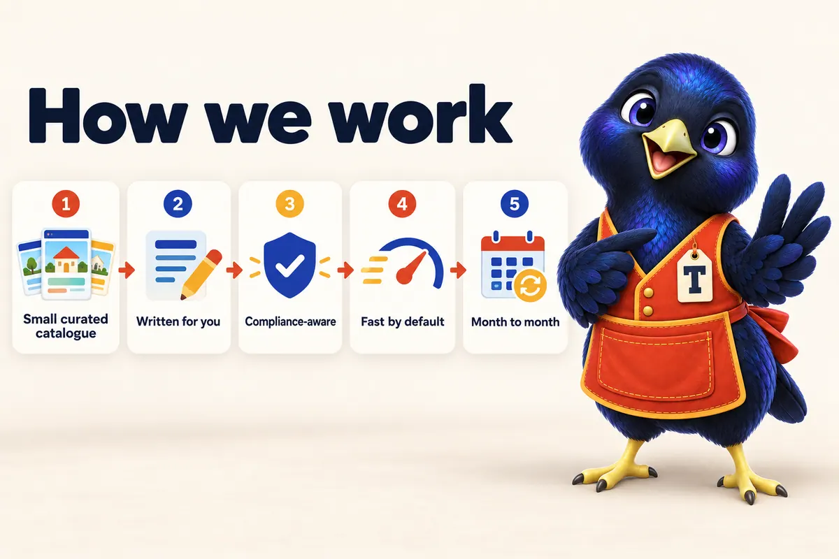 Infographic: How we work. 1: Small curated catalogue. 2: Written for you. 3: Compliance-aware. 4: Fast by default. 5: Month to month. With Trove the bowerbird mascot.
