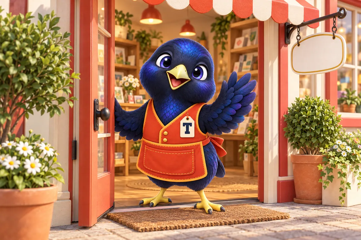 Trove the bowerbird mascot waving hello at the open door of a small shop with a striped awning