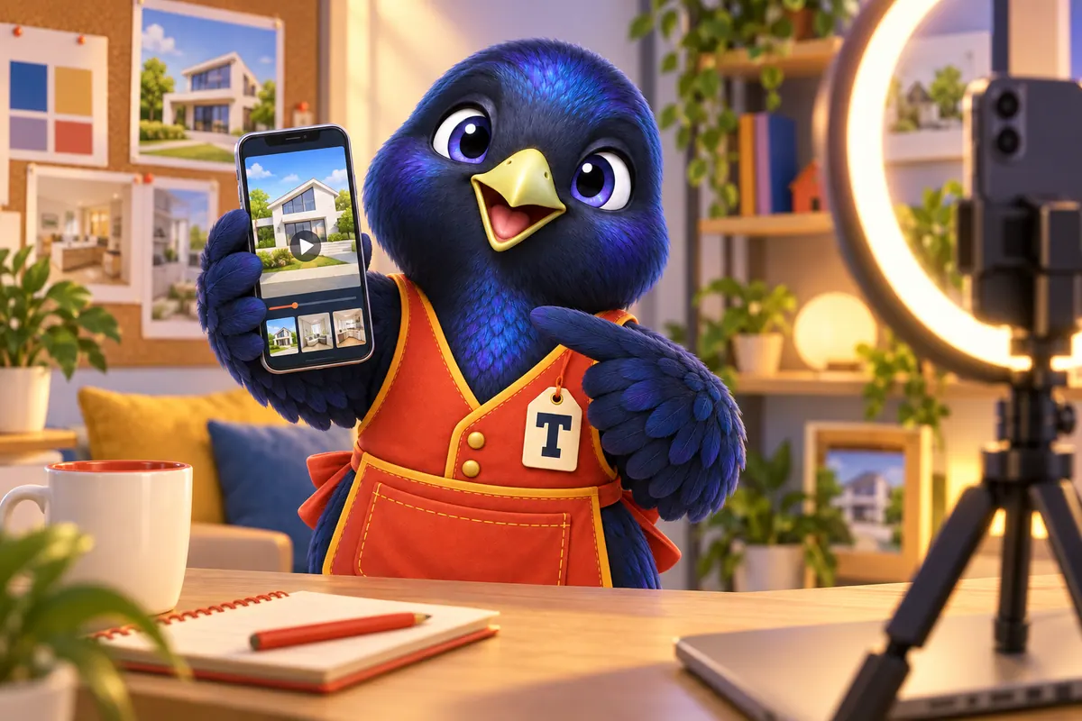 Trove the mascot holding a phone that plays a short home video, next to a ring light