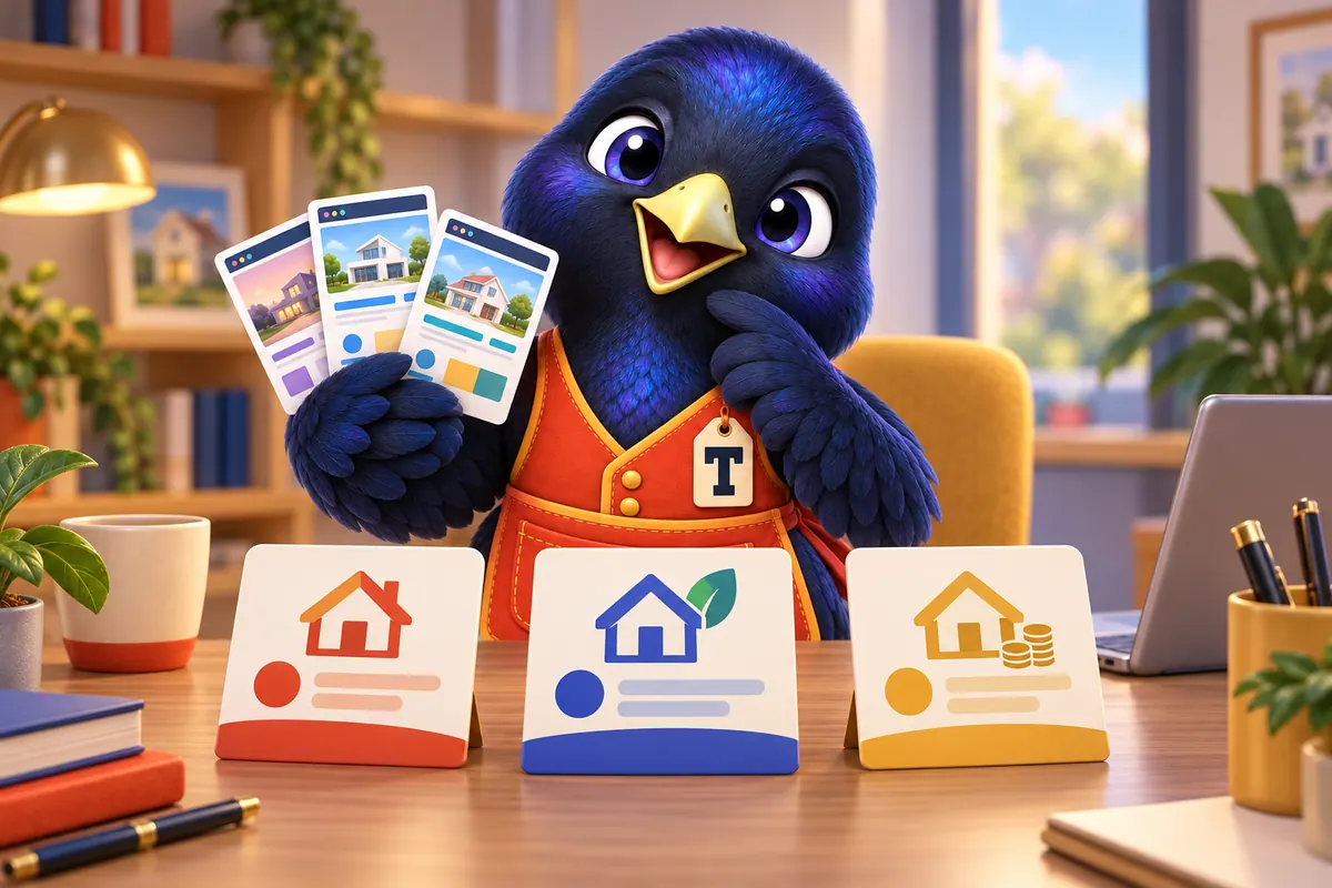 Trove the mascot comparing three loan option cards on a desk