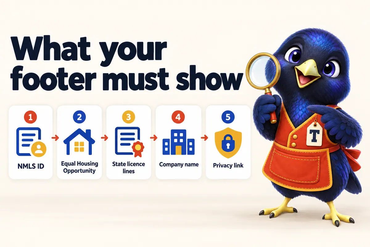 Infographic: What your footer must show. 1: NMLS ID. 2: Equal Housing Opportunity. 3: State licence lines. 4: Company name. 5: Privacy link. With Trove the bowerbird mascot.