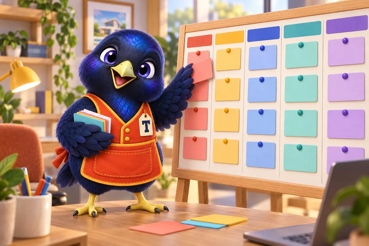 Trove the mascot moving a card on a colourful pipeline board