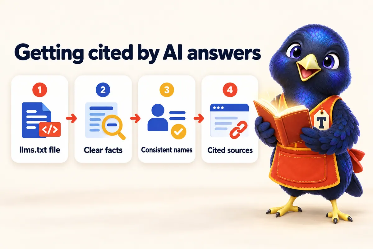 Infographic: Getting cited by AI answers. 1: llms.txt file. 2: Clear facts. 3: Consistent names. 4: Cited sources. With Trove the bowerbird mascot.