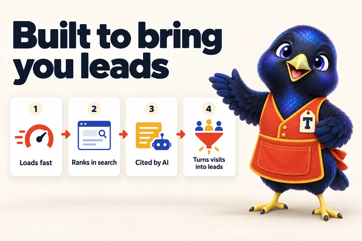 Infographic: Built to bring you leads. 1: Loads fast. 2: Ranks in search. 3: Cited by AI. 4: Turns visits into leads. With Trove the bowerbird mascot.