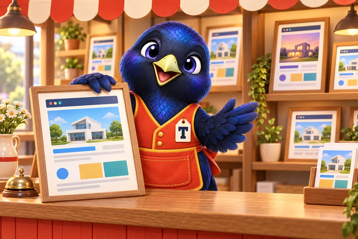 Trove the bowerbird mascot behind a shop counter presenting a framed mortgage website design, with more designs on the shelves