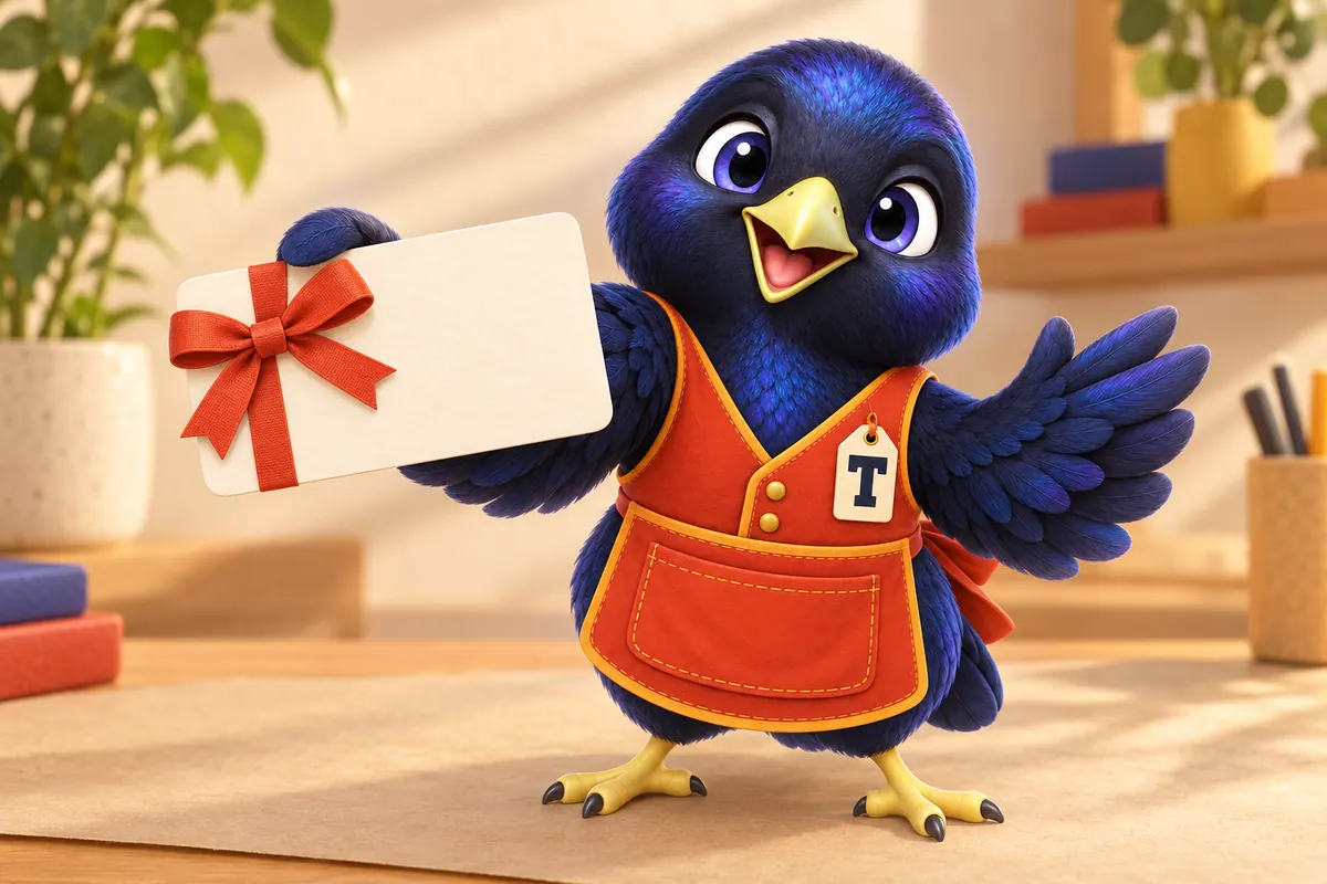 Trove the mascot handing over a referral card tied with a ribbon