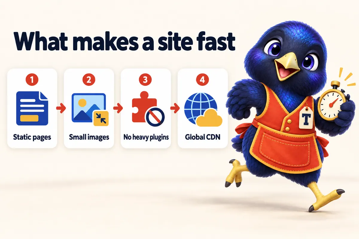Infographic: What makes a site fast. 1: Static pages. 2: Small images. 3: No heavy plugins. 4: Global CDN. With Trove the bowerbird mascot.
